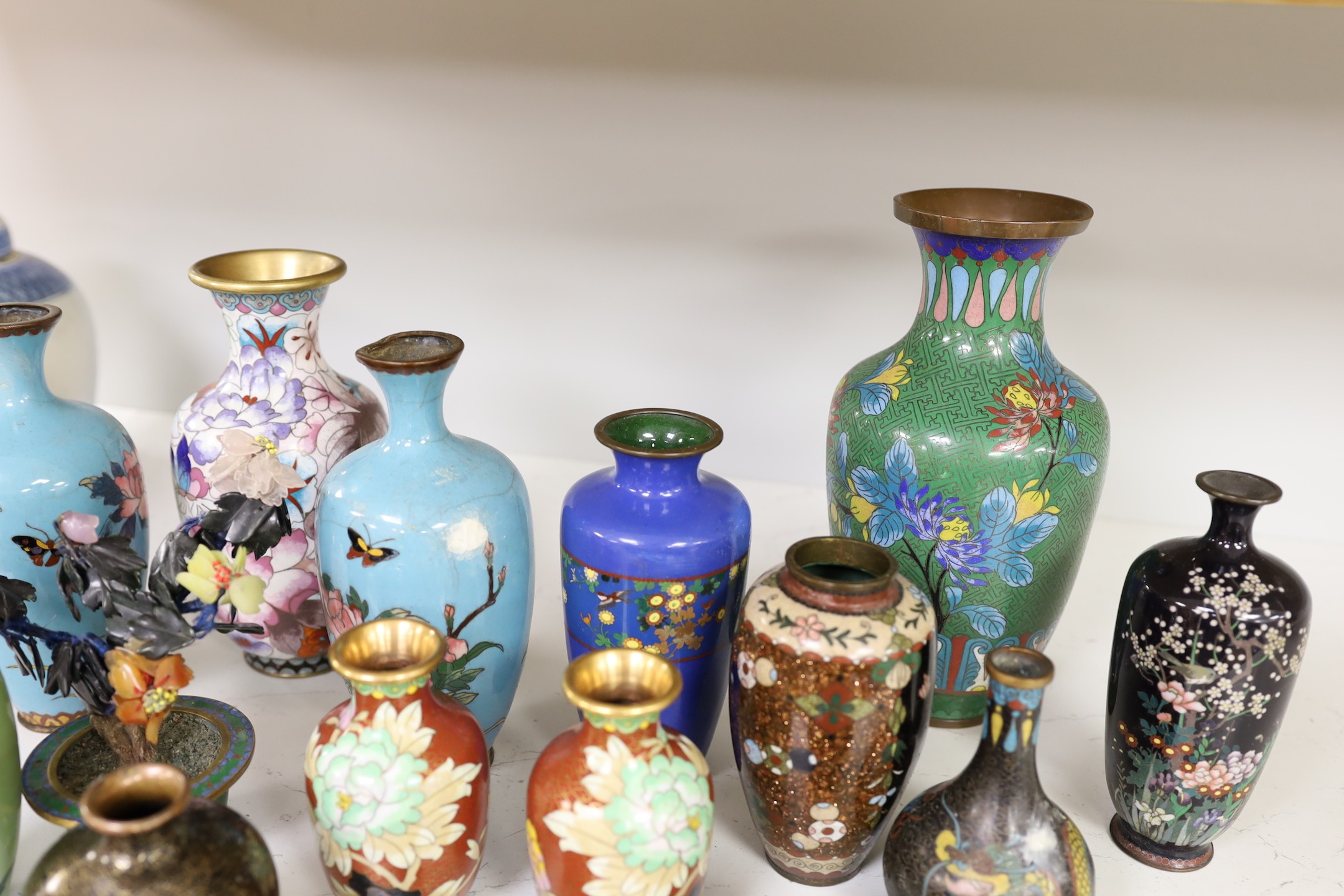 A group of Chinese and Japanese cloisonné enamel vases etc. tallest 22cm